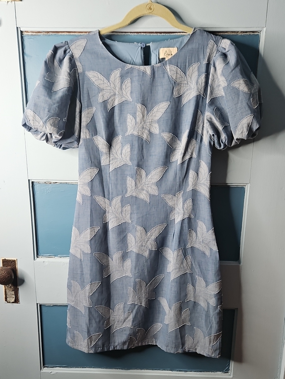 Lena Light Blue Puff-Sleeve Mini Dress with White Leaf Appliqué Small